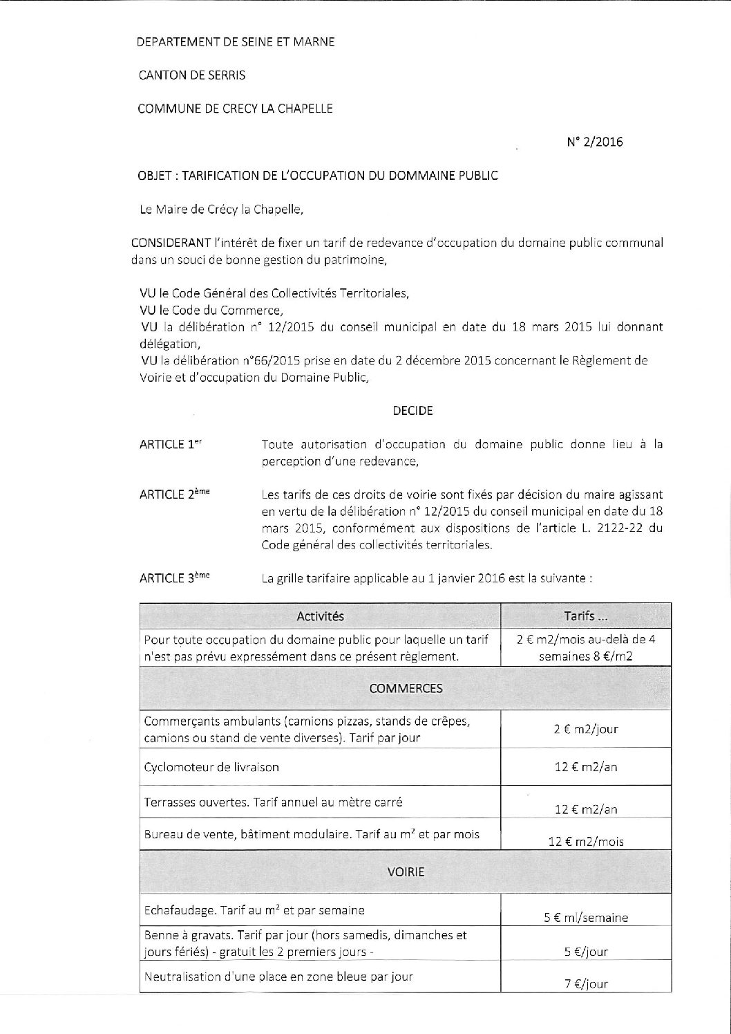 tarifs occupation domaine public 2016 : Site de la Ville de Crécy-la ...