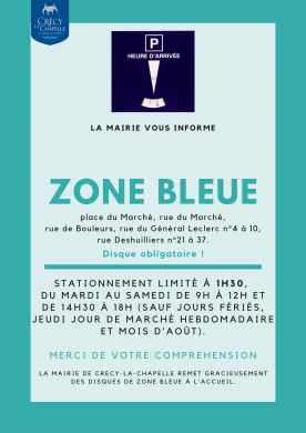 Zone bleue : pensez au disque !  Site de la Ville de Crécy-la-Chapelle